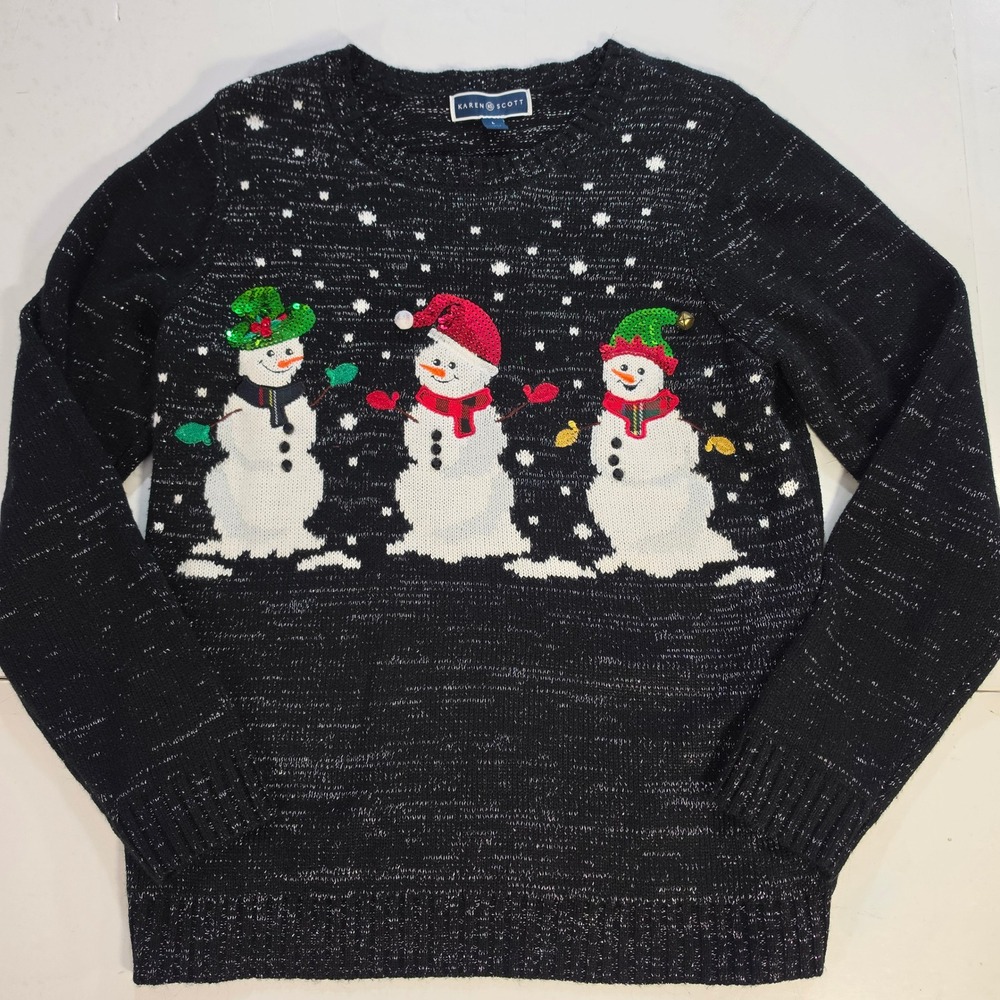 Karen Scott Womens Black Shimmer Snowman Holiday Sweater Sequin Large L